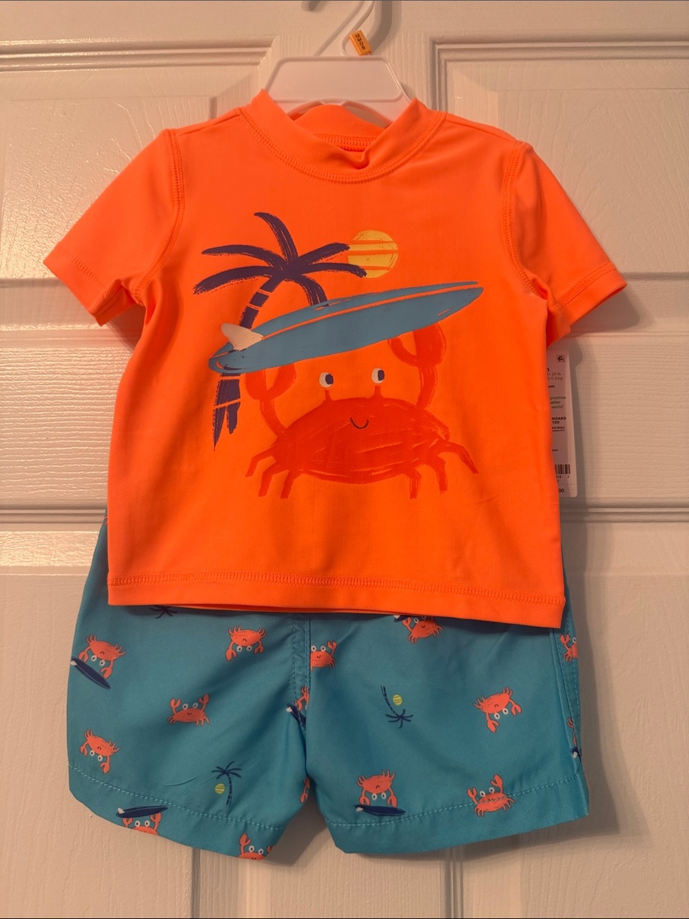 Carters Kids Orange Crab Rash Guard Swim Set with Blue Shorts